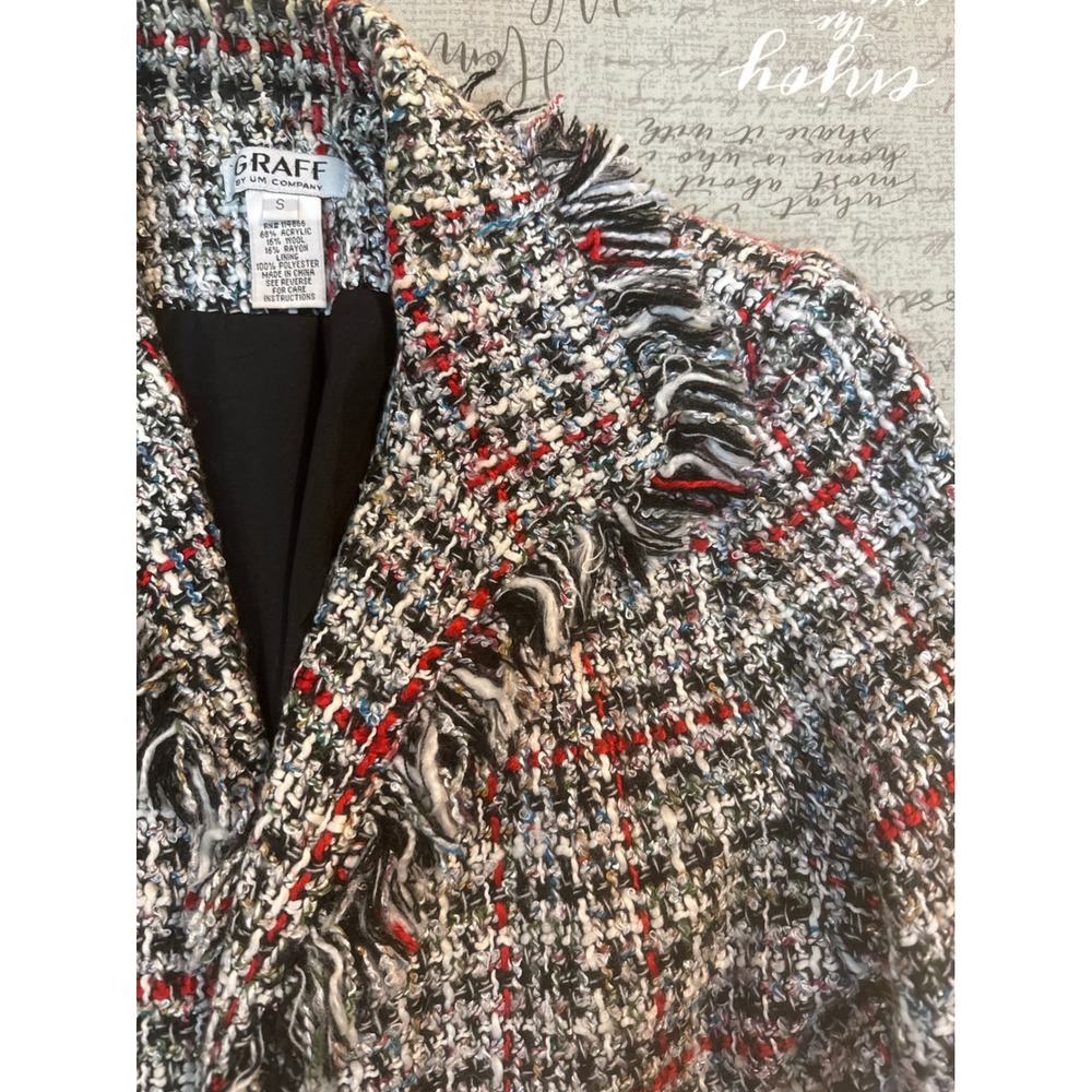 Graff by VM Company Womens Small Multi-Color Fringe Trim Tweed Blazer Jacket